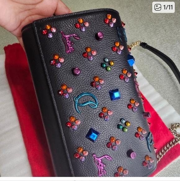Christian Louboutin Handbags - Christian Louboutin Black Leather Shoulder Bag with Multicolor Gem Accents